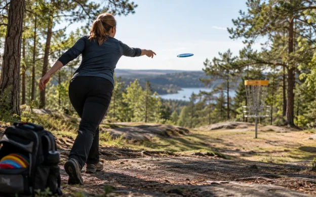 Discgolfkast i skogen